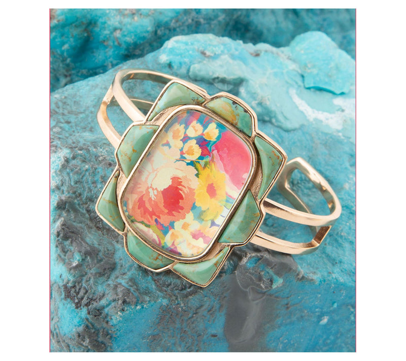 Barse Artisan Crafted Scenic Floral Turquoise Cuff Bracelet — View 3