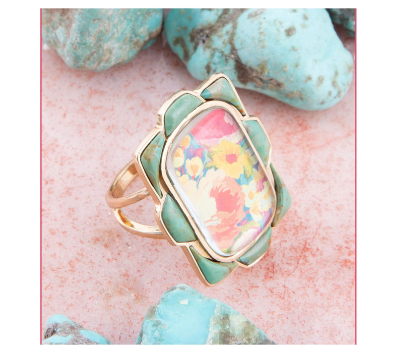 Barse Artisan Crafted Scenic Floral Blue Turquoise Golden Ring — View 3