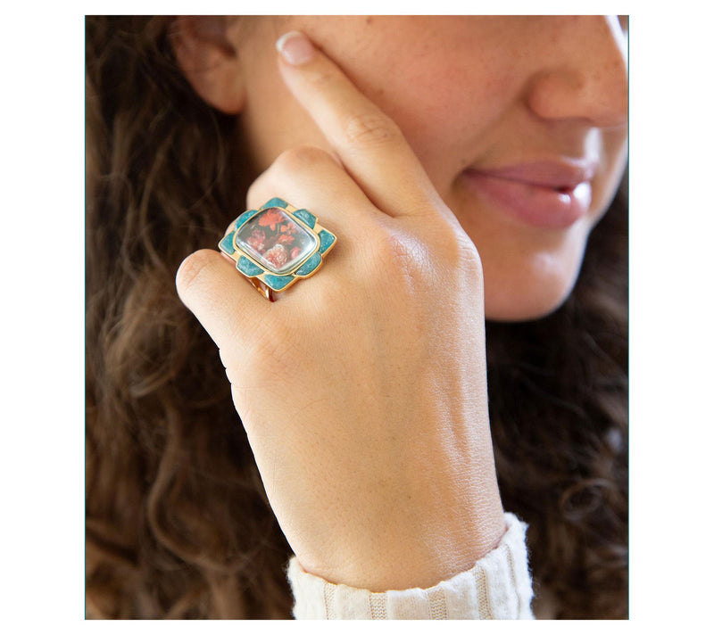 Barse Artisan Crafted Scenic Red Floral Blue Apatite Ring — View 4
