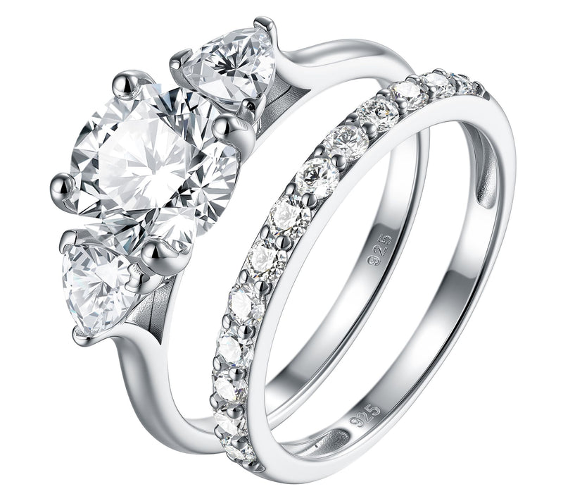 Diamonique 1.85 cttw 3- Stone & Eternity Ring Set, Sterling — View 2