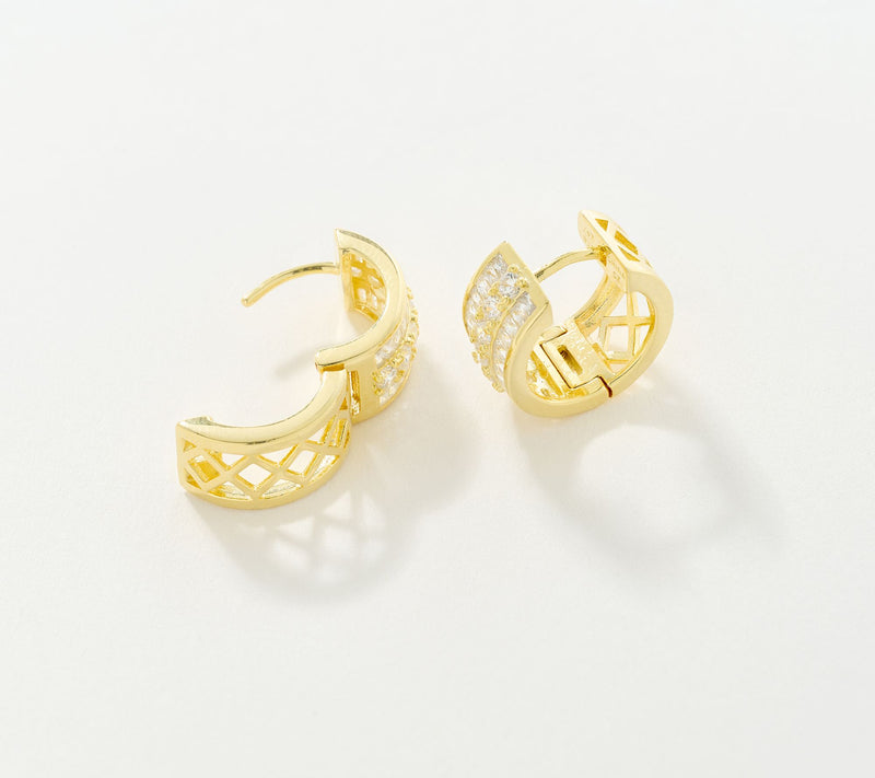 Diamonique Classics Baguette & Round Huggie Hoops, Sterling — View 2