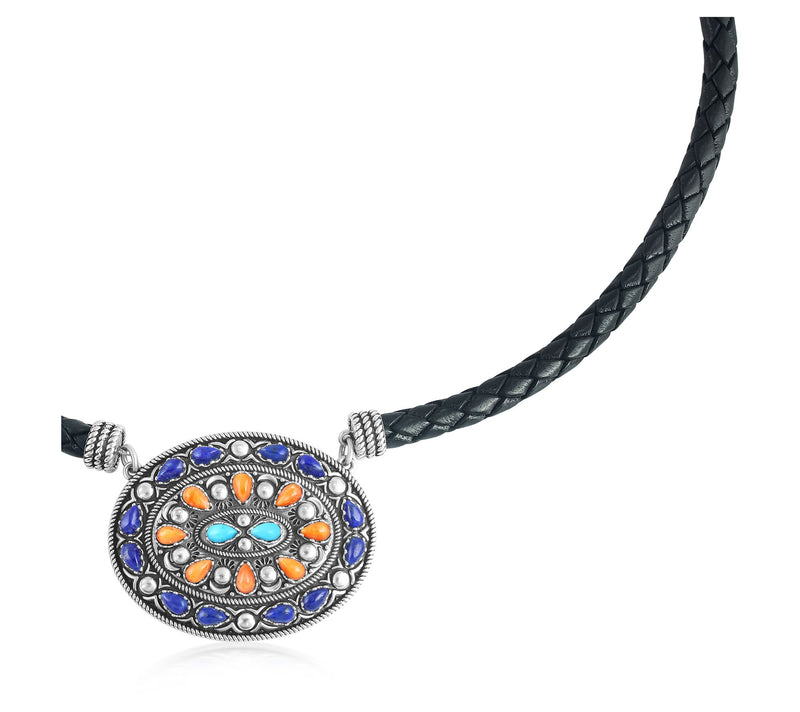 American West Sterling Oval Gemstone Leather Necklace — View 3
