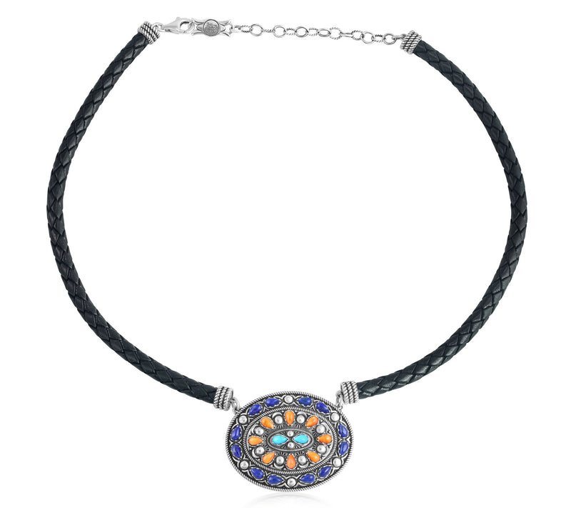 American West Sterling Oval Gemstone Leather Necklace — View 2