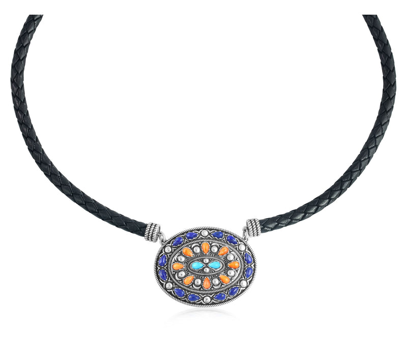 American West Sterling Oval Gemstone Leather Necklace — Main view