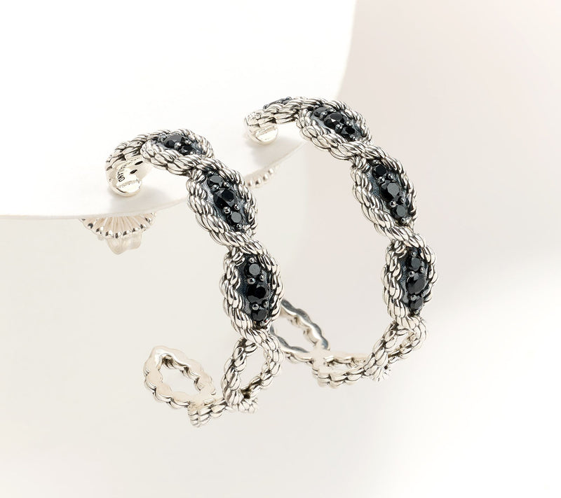 JAI Ireland Sterling Silver Cara Rope Pave Gemstone 1 1/4" Hoop Earrings — View 3