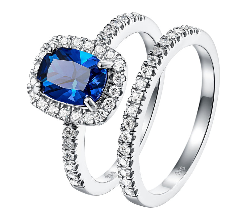 Diamonique Blue Radiant Ring w/ Eternity Band Set, Sterling — View 2