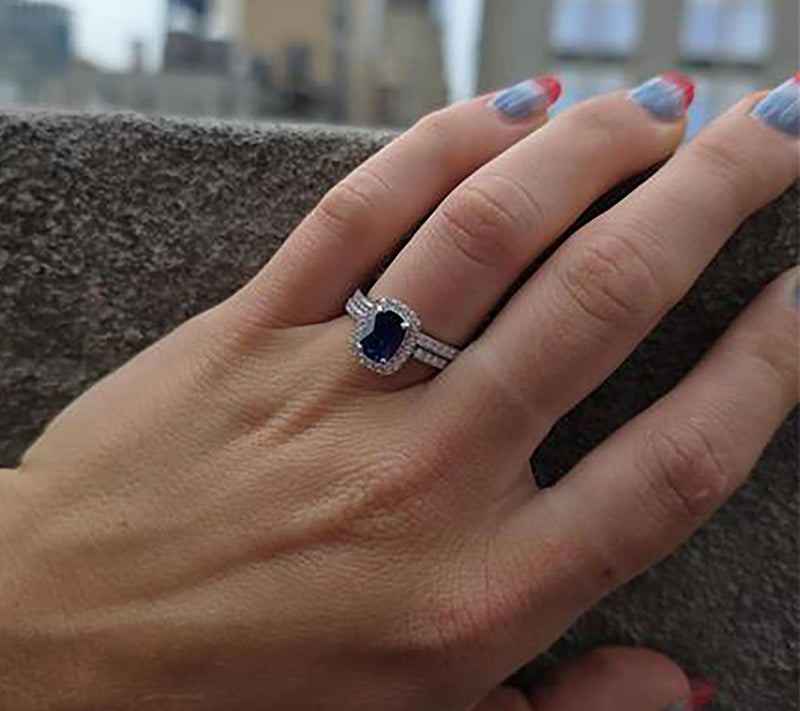 Diamonique Blue Radiant Ring w/ Eternity Band Set, Sterling — View 6