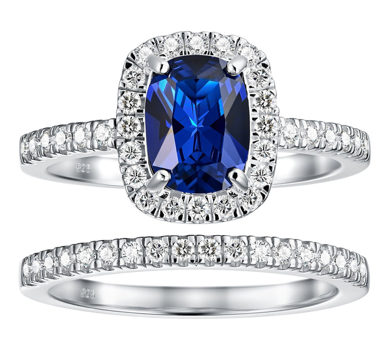 Diamonique Blue Radiant Ring w/ Eternity Band Set, Sterling — Main view