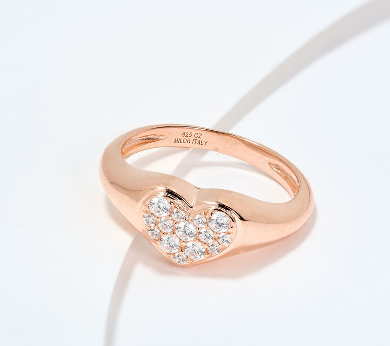 Diamonique Italia Pave Heart Signet Ring, Sterling Silver — View 3