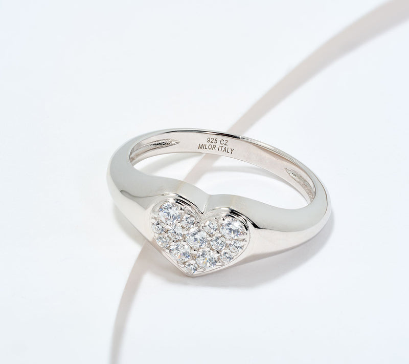 Diamonique Italia Pave Heart Signet Ring, Sterling Silver — View 5