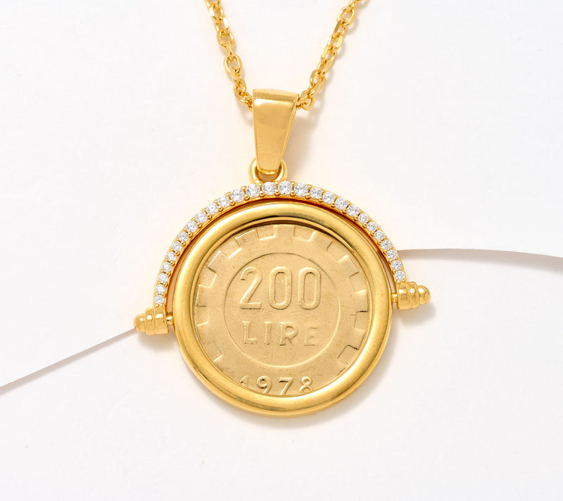 Diamonique Italia Flip 200 Lira Coin Pendant Necklace, Sterl — View 2
