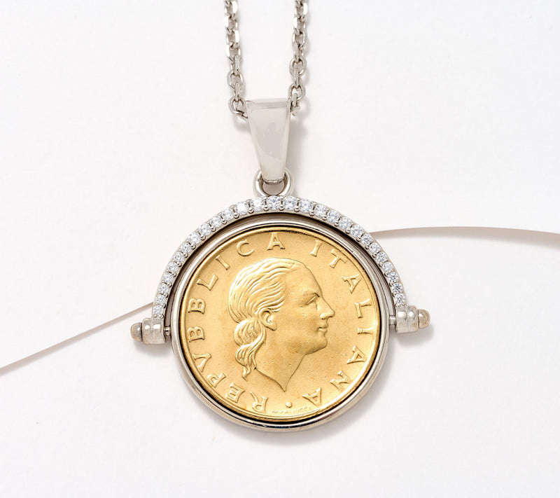 Diamonique Italia Flip 200 Lira Coin Pendant Necklace, Sterl — View 9