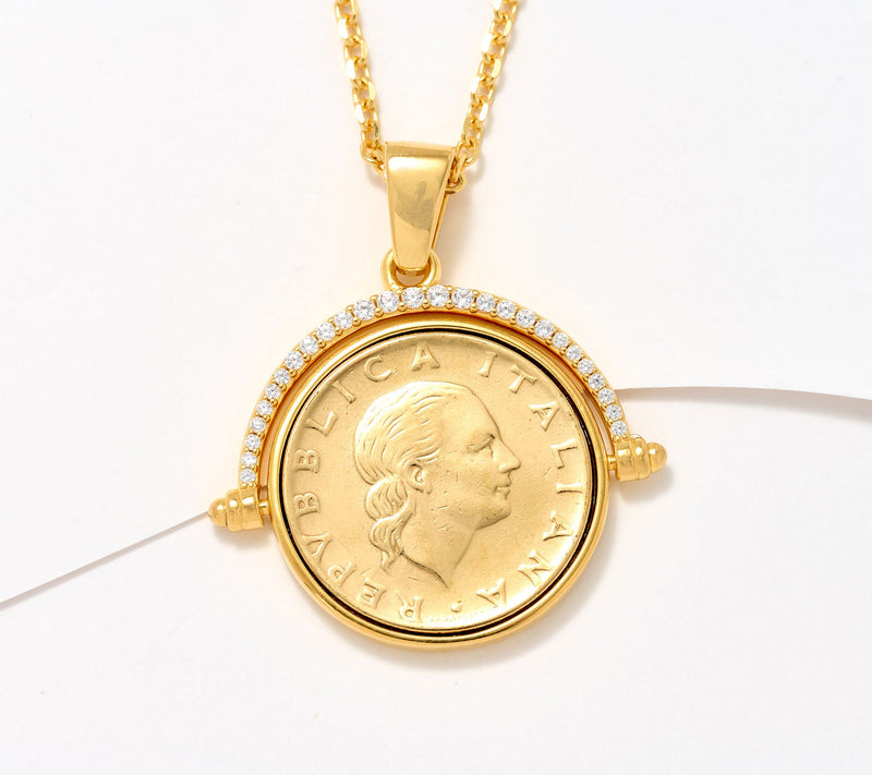 Diamonique Italia Flip 200 Lira Coin Pendant Necklace, Sterl — Main view