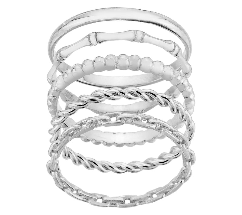 Silver Style Polished Set of 5 Stackable Band Rings, Sterling — View 5