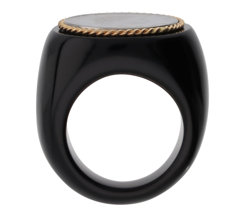 Italian Gold Carved Gemstone Insert Lire Coin Ring, 14K — View 3