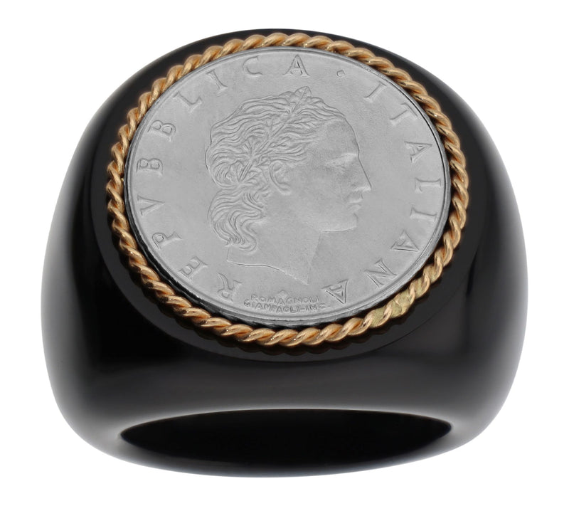 Italian Gold Carved Gemstone Insert Lire Coin Ring, 14K — View 6
