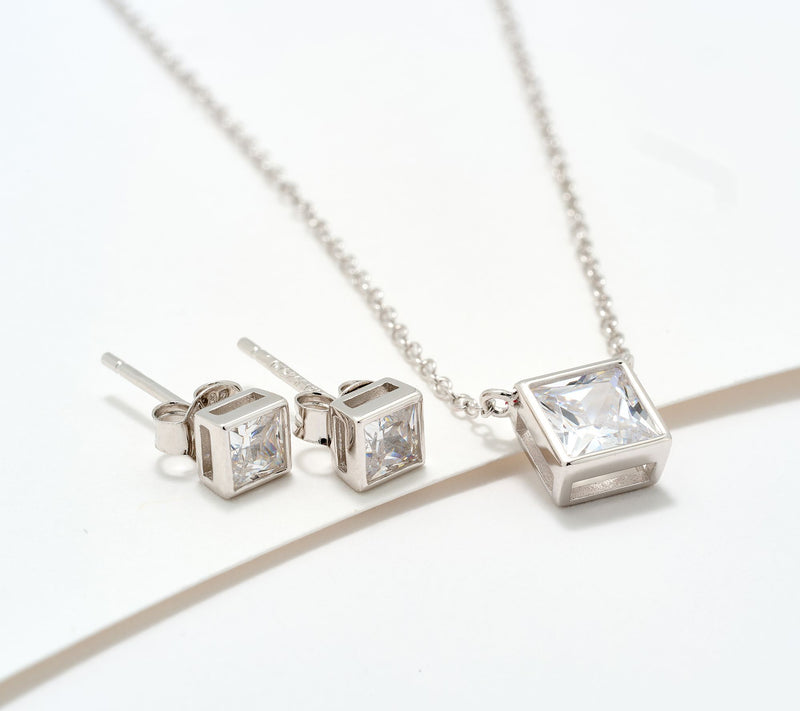 Diamonique Necklace & Stud Earrings Boxed Set, Sterling Silver — View 2