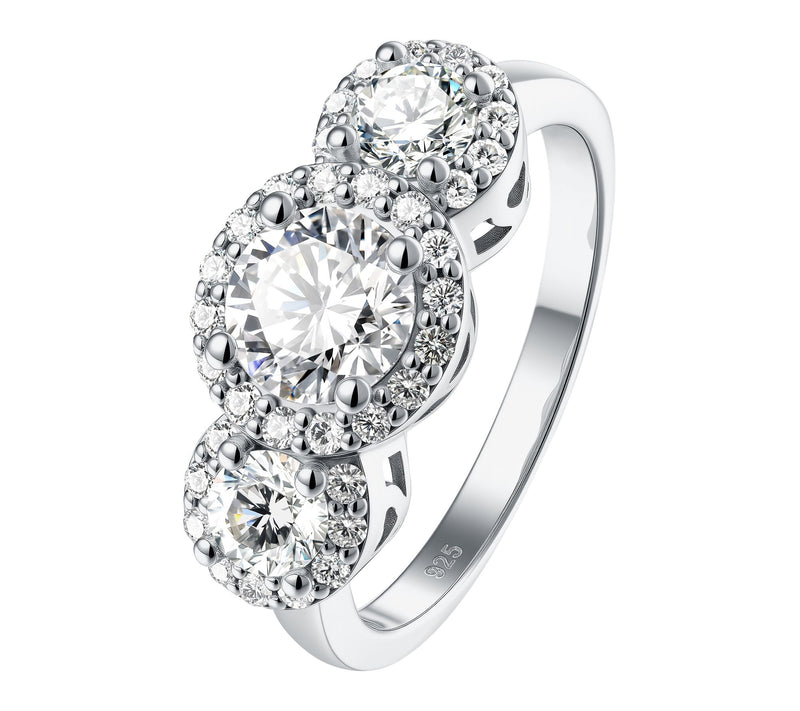 Diamonique 1.85 cttw 3-Stone Halo Ring, Sterling Silver — Main view
