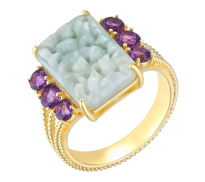 Dynasty Jade & Amethyst Carved Ring, 18K Gold Plated Sterling — Main view