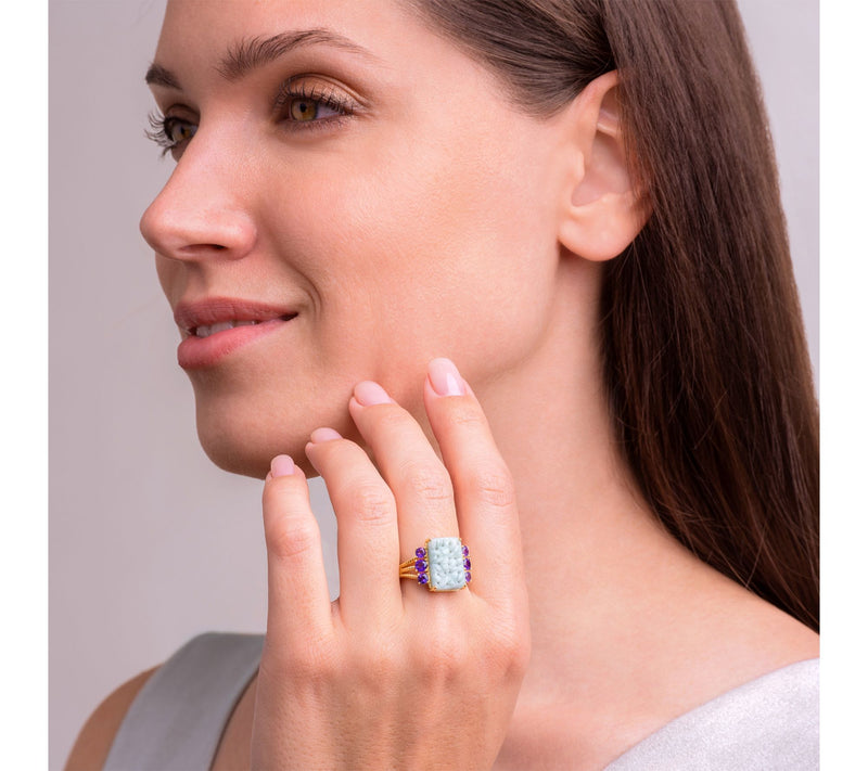 Dynasty Jade & Amethyst Carved Ring, 18K Gold Plated Sterling — View 2