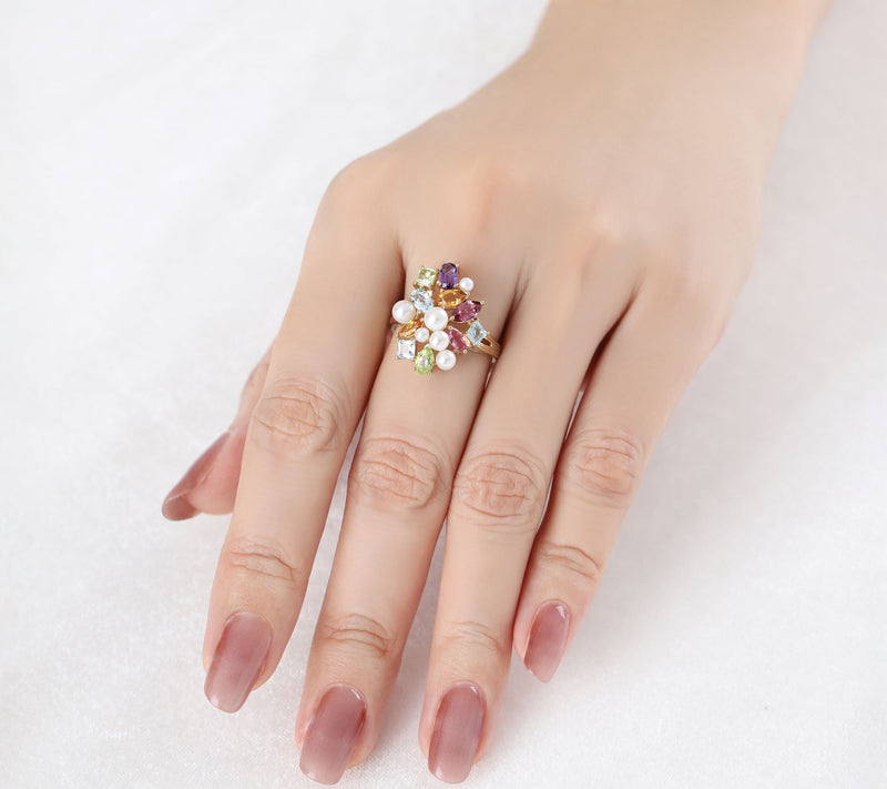 Ariva 18K Clad Cultured Pearl & Multi-GemstoneCocktail Ring — View 6