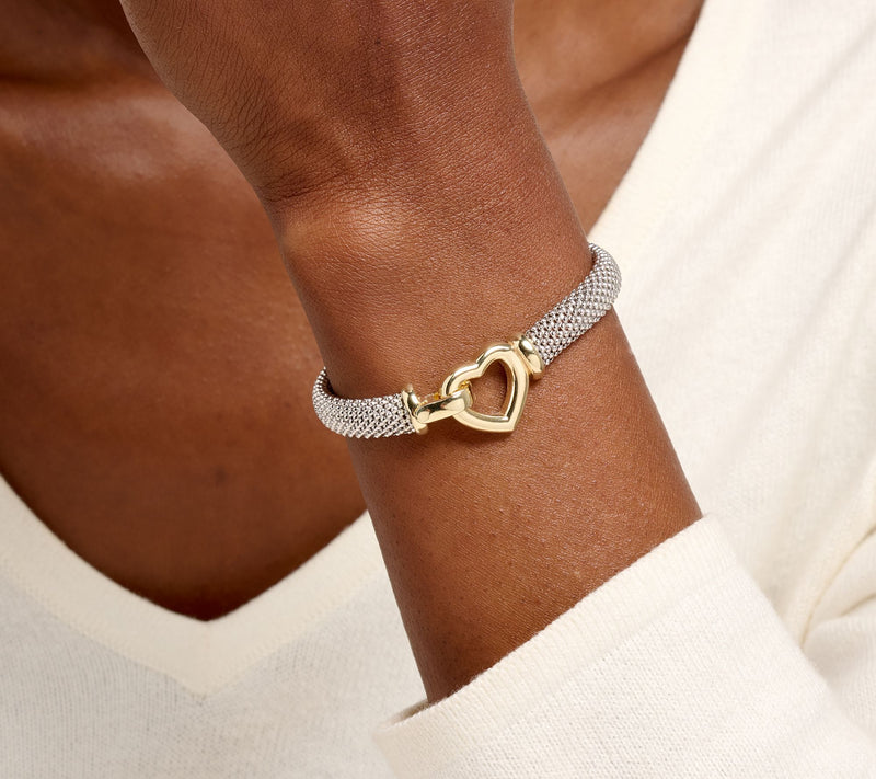 Silver Style Two-Tone Polished Heart Clasp Bracelet, Sterling Silver — View 3