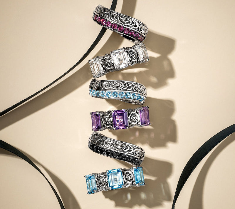 Third Person Sterling Silver Pave Gemstone Swirl Band Ring — View 2