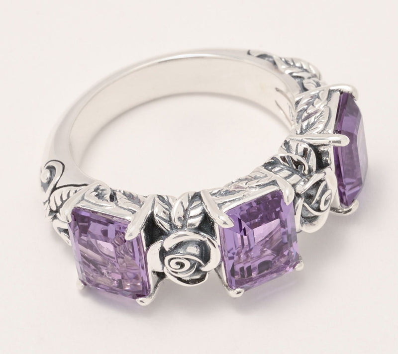 Third Person Sterling Silver Emerald Cut Gemstone Rose 3 Stone Ring — View 2