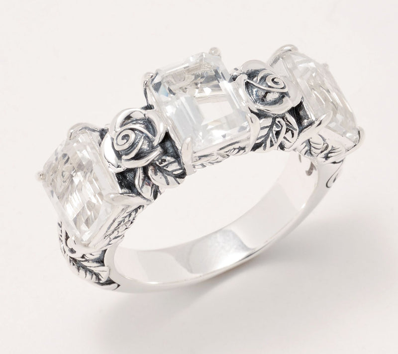 Third Person Sterling Silver Emerald Cut Gemstone Rose 3 Stone Ring — View 11