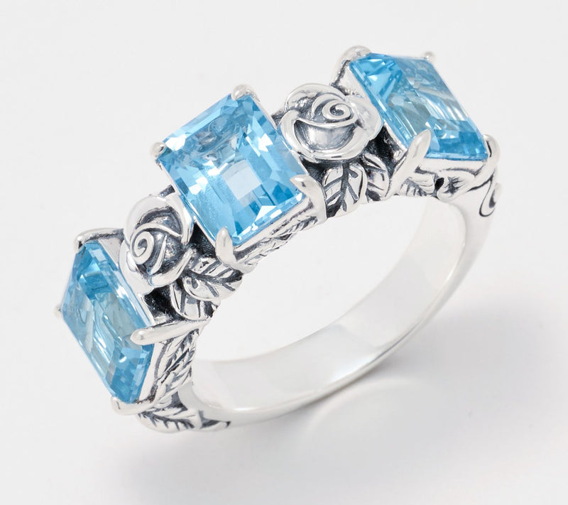 Third Person Sterling Silver Emerald Cut Gemstone Rose 3 Stone Ring — View 12