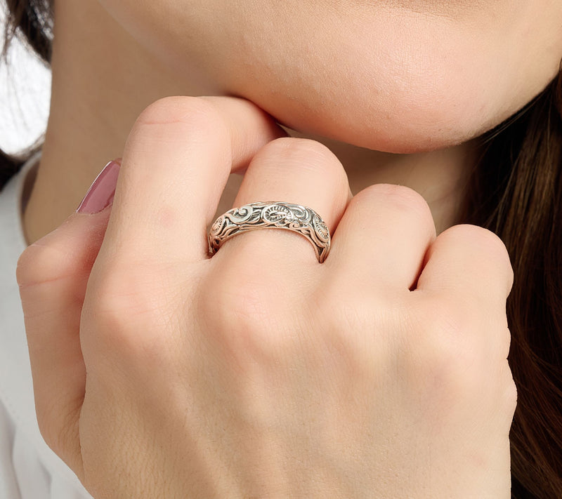 Third Person Sterling Silver Creative Soul Carved Swirl Band Ring — View 6