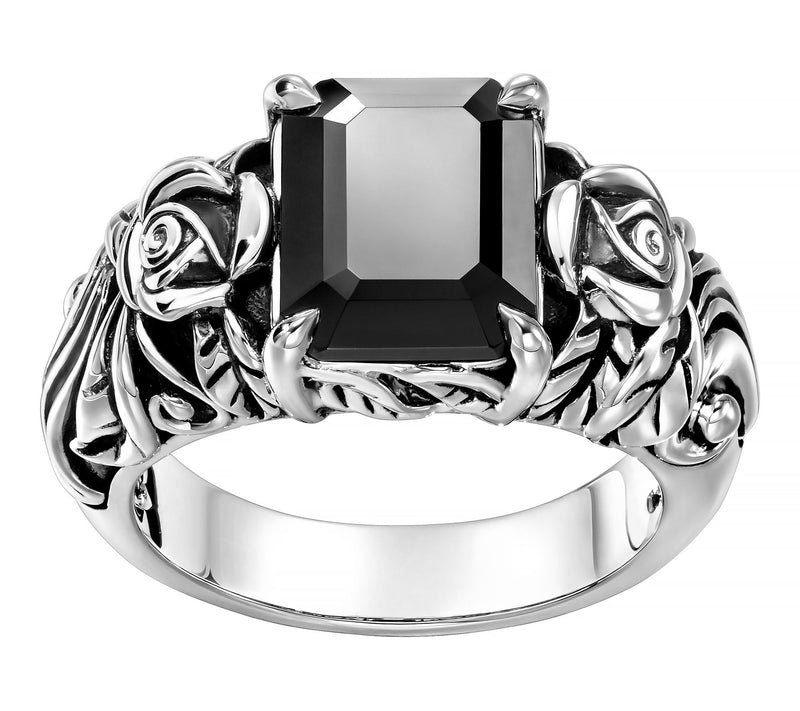 Third Person Sterling Silver Emerald Cut Gemstone Rose Ring — Main view
