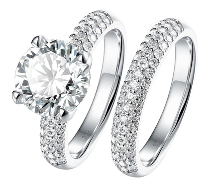 Diamonique 4.20 cttw Solitaire & Pave Band RingSet, Sterling