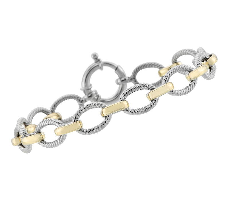 Silver Style Two-Tone Diamond Cut Oval Link Bracelet, Sterling — Main view
