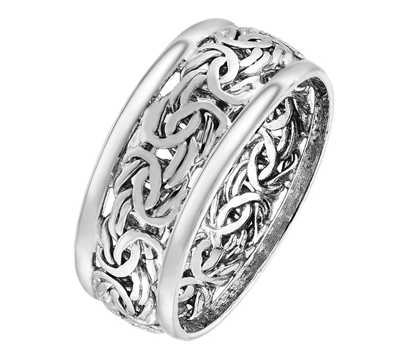 Silver Style 8mm Byzantine Polished Border BandRing, Sterling — View 2