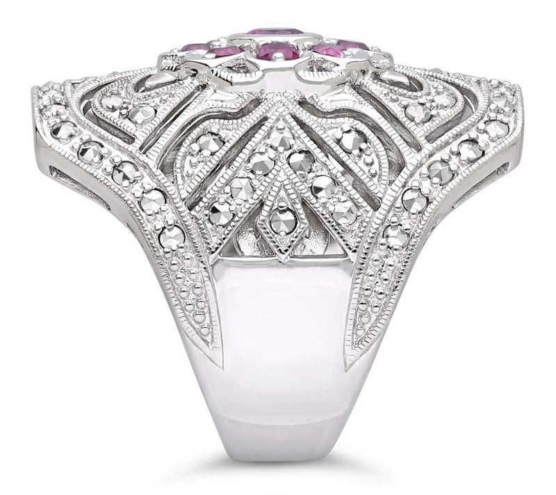 Dallas Prince Sterling Chrome Marcasite Rhodolite Floral Ring — View 3