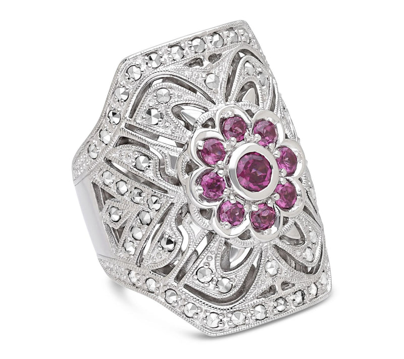 Dallas Prince Sterling Chrome Marcasite Rhodolite Floral Ring — Main view