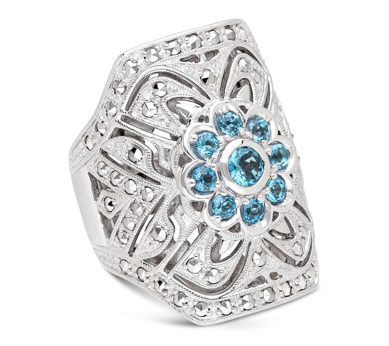 Dallas Prince Sterling Chrome Marcasite Blue Topaz Floral Ring — Main view