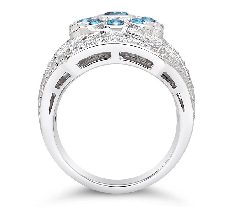 Dallas Prince Sterling Chrome Marcasite Blue Topaz Floral Ring — View 2