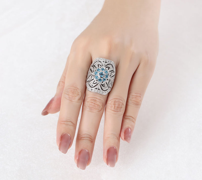 Dallas Prince Sterling Chrome Marcasite Blue Topaz Floral Ring — View 4