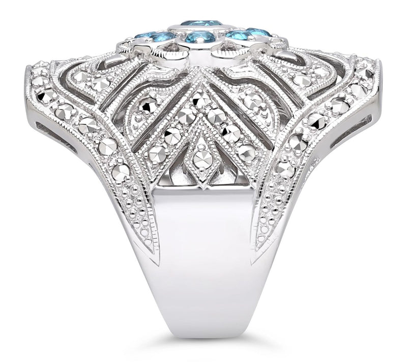 Dallas Prince Sterling Chrome Marcasite Blue Topaz Floral Ring — View 3
