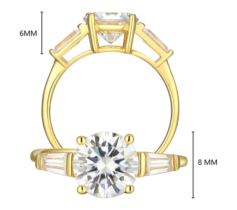 Moissanite 2.10 cttw Round & Baguette Ring, 18KGold Plated — View 5