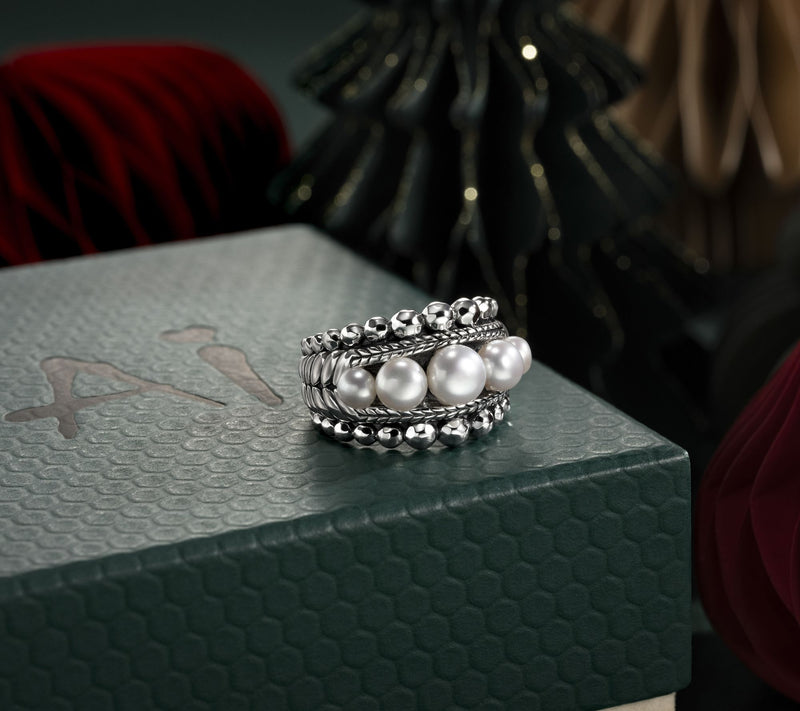 JAI Sterling Silver Graduated Cultured Pearl Band Ring — View 5