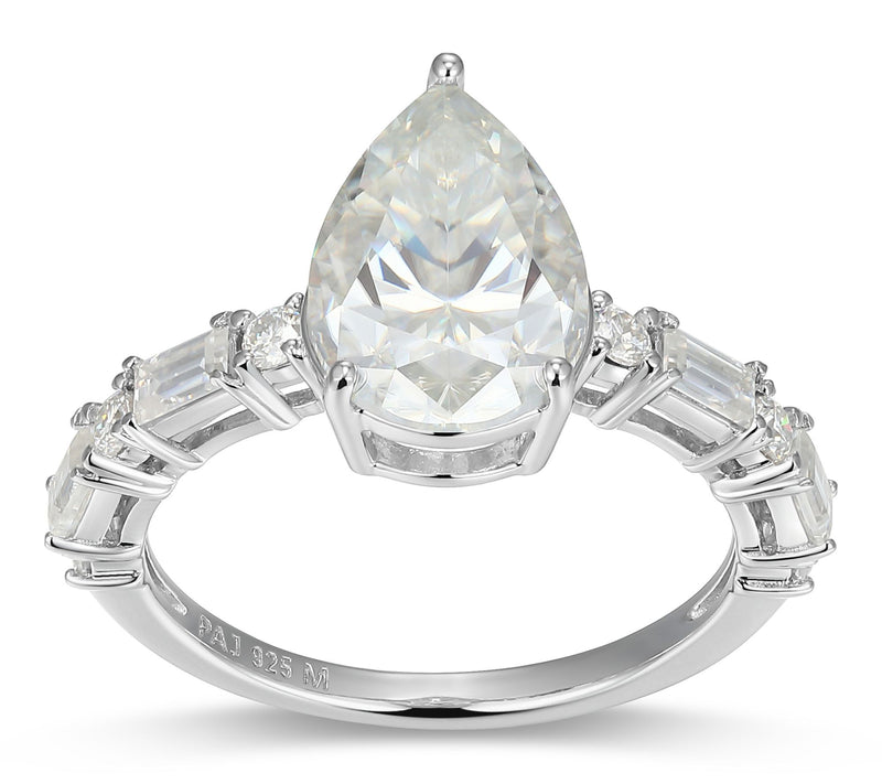 Moissanite 3.90 cttw Pear & Baguette Ring, Sterling Silver — View 2