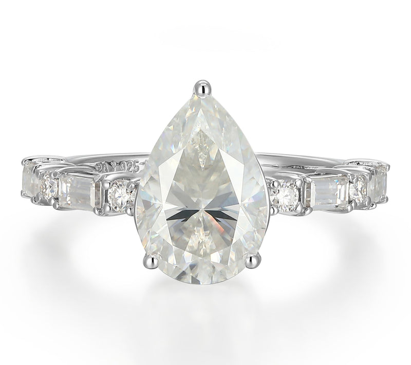 Moissanite 3.90 cttw Pear & Baguette Ring, Sterling Silver — Main view