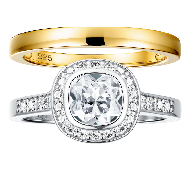 Diamonique Cushion Cut & 14K Plated Band Ring Set, Sterling — View 2