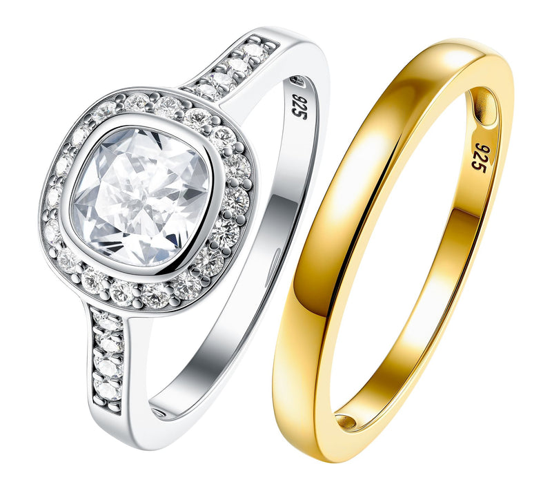 Diamonique Cushion Cut & 14K Plated Band Ring Set, Sterling — Main view