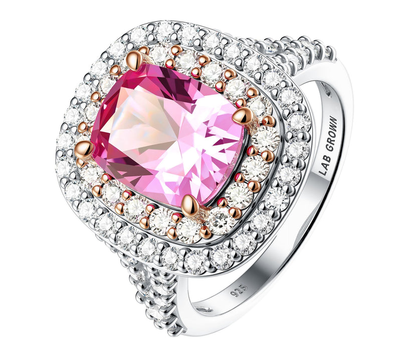 Fire Light Lab Grown Diamond Halo & Pink Sapphire Ring, Sterli — Main view