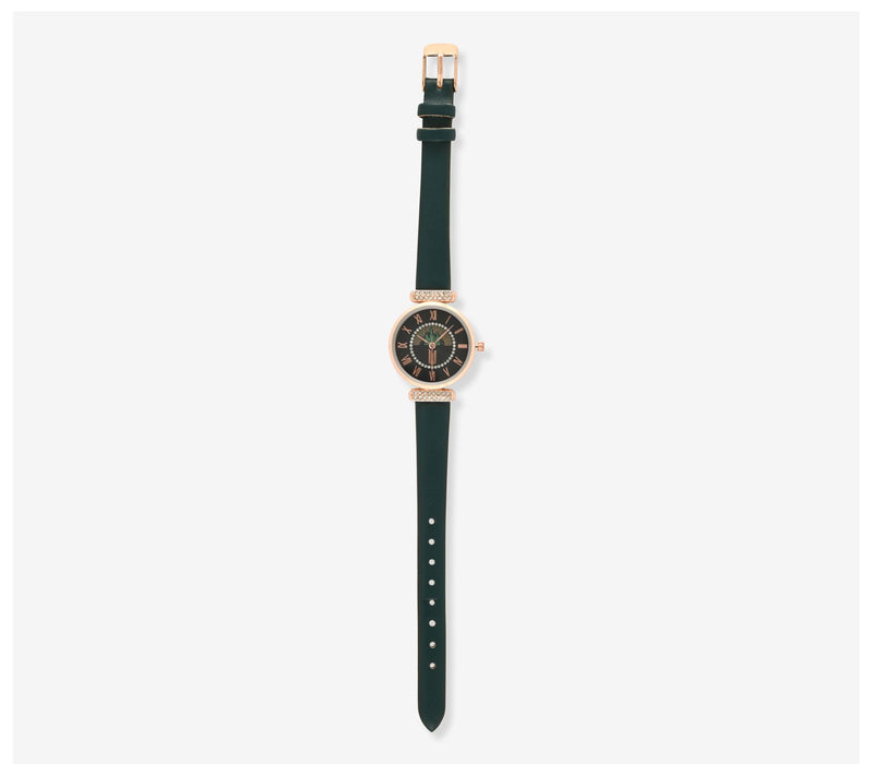 Wicked Women's Rosetone Crystal Dial Green Strap Watch — View 2