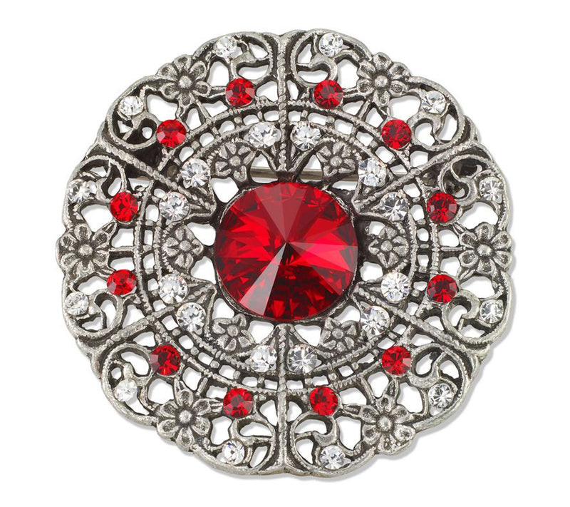 Anne Koplik Edwardian Round Filigree Red Crystal Pin — Main view